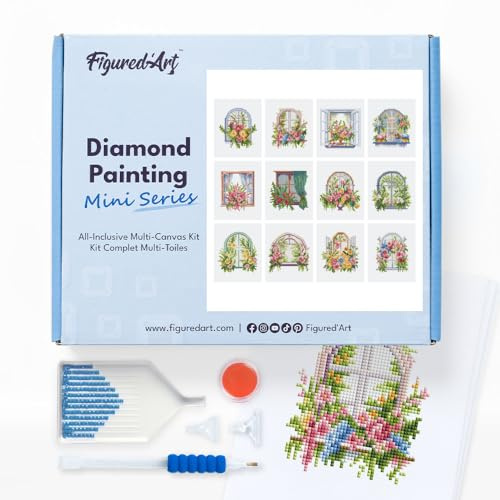 Figured'Art Mini Serie Diamond Painting Erwachsene - Blühende Blumen - Premium-Box mit 12 Stück 15x18 cm 5D Bilder, Eckige Steine - DIY Set zum Basteln