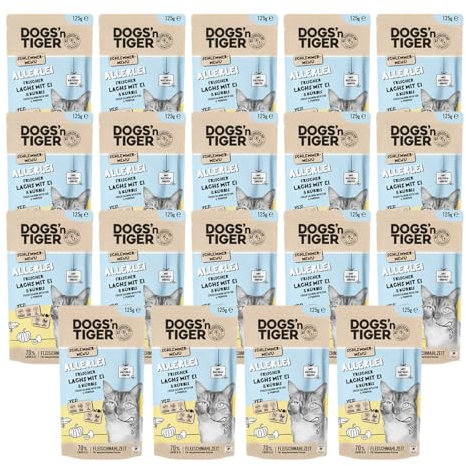 Dogs’n Tiger Schlemmermenü, Adult Nassfutter für Katzen, Katzenfutter, Allerlei, Lachs, Ei & Kürbis, 24x 125g