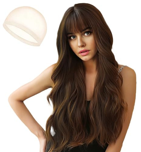 JSTHHTT 26 Zoll Lange Wellig Perücken Mittelbraun, Synthetische Haar Perücken, Lange Lockige Volle Haar Gewellt Perücke, für Tägliche Karneval Fasching