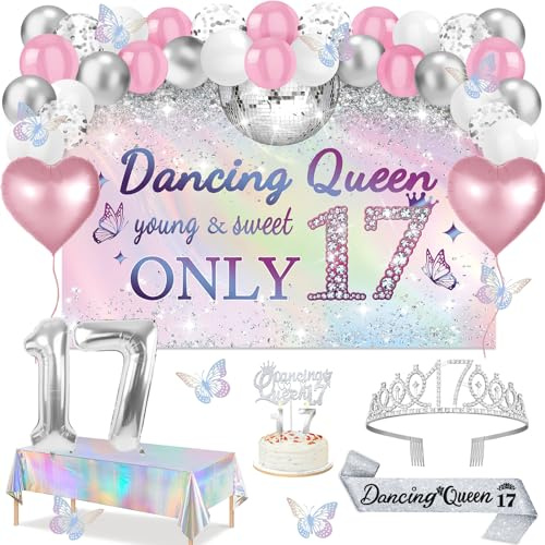 Dancing Queen Party Dekorationen 17, Silber Dazzle Dancing Queen Banner und Tischdecke, Silber Schärpe und Krone, 17. Geburtstag Kuchen Topper und Kerzen, Sweet 17 Birthday Ballon Set Bogen