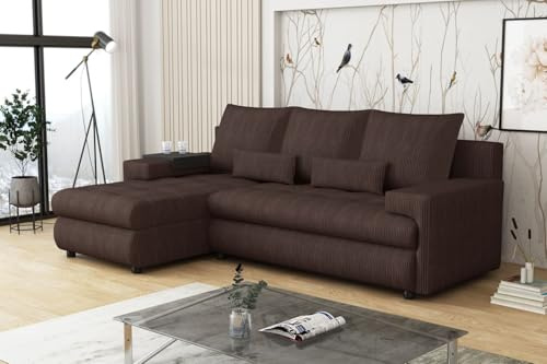 Imebel Ecksofa mit Schlaffunktion, Schlafcouch L-Form, Schlafsofa, Eckcouch 230x144x70 cm Como (Dunkelbraun, Links mit Kaffeeablage)