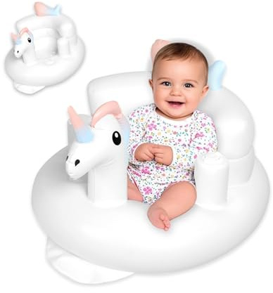 Shyllin Tragbarer Aufblasbarer Babysitz Mit Eingebauter Luftpumpe,Tragbares Sofa Baby,Faltbarer Babystuhl für Kinder im Alter von 5-36 Monaten, Rücken- und Nackenstütze,Zum Ausgehen (Einhorn)