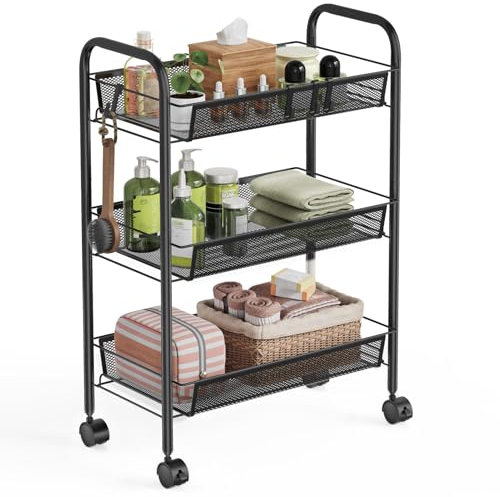 XFZJCHAP 3-Tier Storage Trolley, Rolling Cart, Mesh Storage Cart, Mobile Storage Trolley, Portable, Stable and Easy to Set up, Bedroom Bathroom Toilet Living Room Storage Cart, Metal, Black