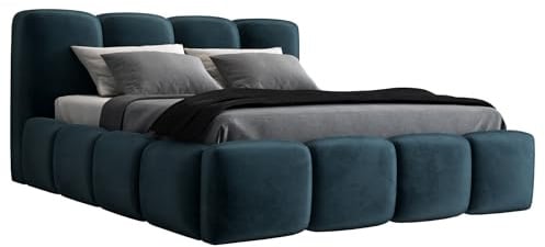 A&J MöbelLand Polsterbett 160x200 mit Bettkasten und Lattenrost – DONA-OM, Bett mit Stauraum in Blau ohne Matratze