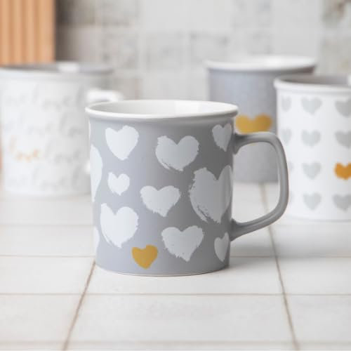 FABFINDS Romantic Love Heart Ceramic Mug 440ml Cute Grey & White Coffee Cup with Gold Accent, Script & Heart Print Design, Durable Glazed Tea Mug for Home, Office in Assorted Styles (Endless Love)