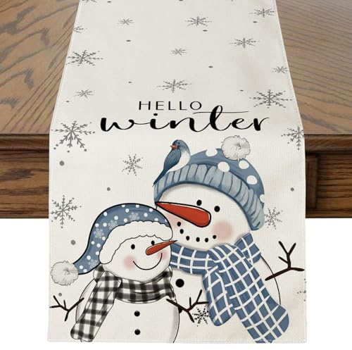 JOTOM Weihnachten Tischläufer, Schneemann Tischläufer Küche Esstisch Dekoration für Party Wohnzimmer Esszimmer Garten, Innen & Außen Weihnachtstischdecke Weihnachtsdeko (40 x 180 cm, Blau)