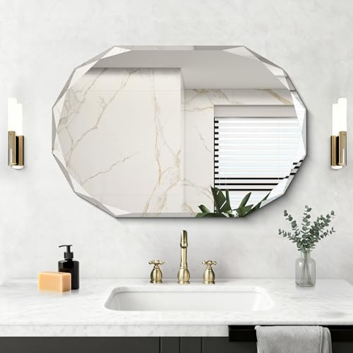 NIMURY Ovaler Wandspiegel, 90x60 cm rahmenloser Badezimmerspiegel mit Design und geschnittenem Rand, ovaler Spiegel für Badezimmer, Schlafzimmer und Wohnzimmer, horizontal und vertikal montierbar