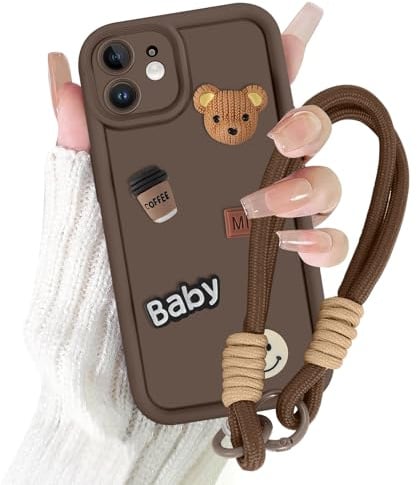 Krdvekm Coques pour iPhone 11 6,1'' avec Cordon de Bracelet, Étui Silicone Aesthetic Ours en Peluche 3D Motif Fille Cute Dessin Brun Cover Protection de la caméra Housse avec Lanyard Cover Case, 02