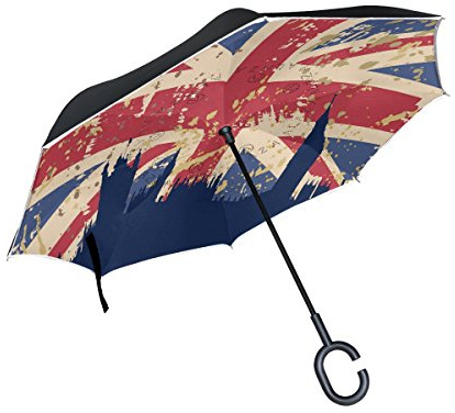 Use7 Vintage British Flag Union Jack Inverted Umbrella, Large Double Layer Outdoor Rain Sun Car Reversible Umbrella