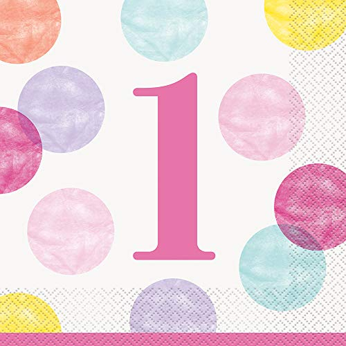 Papierservietten - 16,5 cm - Rosa Punkte 1. Geburtstag - Packung mit 16 Stück