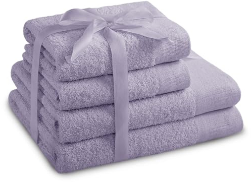AmeliaHome Handtuch Set Lila 2 Handtücher 50x100 cm und 2 Duschtücher 70x140 cm 100% Baumwolle Qualität Saugfähig Violett Amari