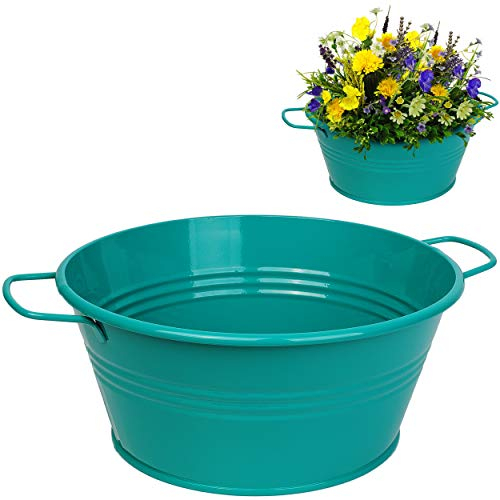 alles-meine.de GmbH 4 Stück Metall - Blumentöpfe/Pflanzkübel/Pflanzschale - türkis blau/Mint - 25 cm - RUND - frostsicher - MITTEL groß - mit Henkel - Eimer/Dekotöpfe -..