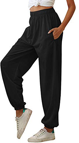 Nuofengkudu Damen Sporthose Laufhosen Jogginghose Gummibund Sweathose mit Taschen Trainingshose Stoffhose High Waist Hosen Bequeme Lockere Lässige Freizeithose Loungewear Outdoor(Dünn-Schwarz,M)