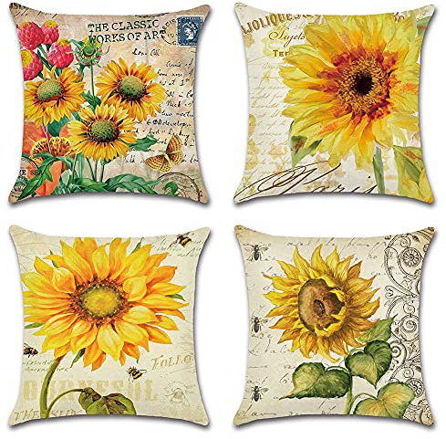 Artscope wasserdichte Kissenbezugen, 4 Stück Sonnenblume Kissenhülle Atmungsaktiv Kissen Fall für Outdoor Balkon Terrasse Patio Garten Bauernhaus Dekor 45 x 45cm