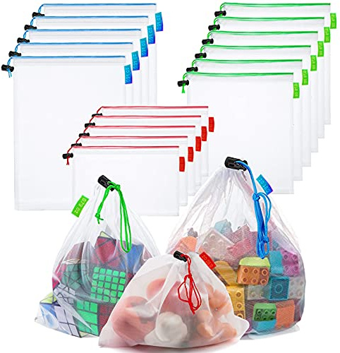 16 Pcs Mesh Small Toy Bags for Storage, 3 Sizes Reusable Mesh Drawstring Produce Bags Puzzle Bag for Kids Storage Playroom Organization, Fruits, Vegetable