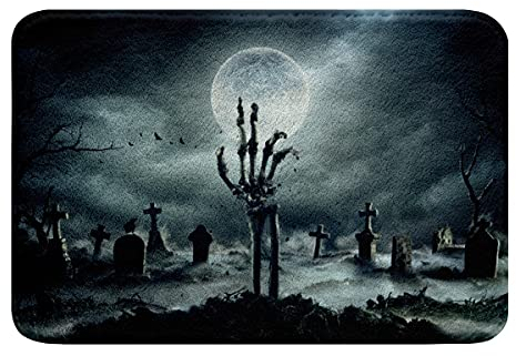 Loussiesd Halloween Totenkopf Badematte 50x80cm Grusel Friedhof Mondnacht rutschfest Badezimmerteppich Weich Skelett gotisch Knochen Wasserabsorbierend Kuschelige Badteppiche Wohnkultur Badvorleger