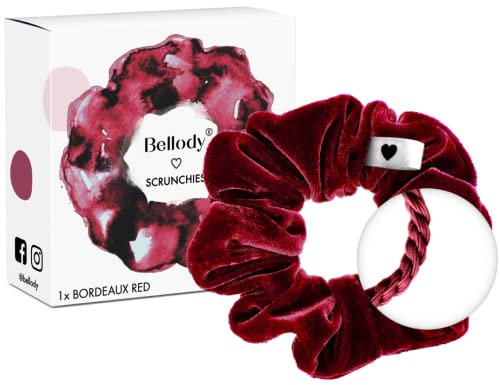 Bellody® Scrunchies Samt – Samtig weich, starker Halt, Velvet Look, exklusive Farben (1 Stück - Bordeaux Red) - Haargummi Scrunchie in Rot