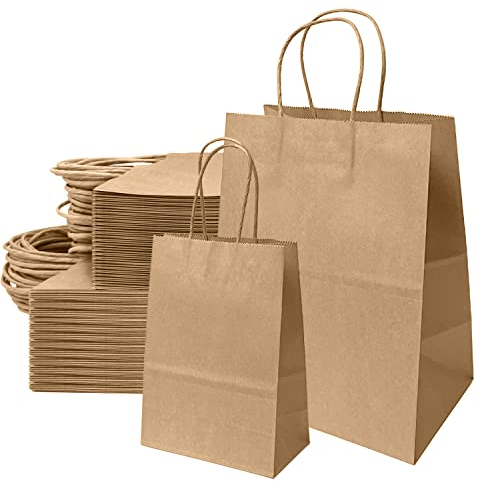 50Stk Papiertaschen, Papiertüten Mit Henkel, Papiertaschen Groß Braun, Geschenktüten, Kraftpapiertüte, Tüten Papier, Papiertaschen Verdicken 21 x 8 x 15 cm, 21 x 14 x 27 cm