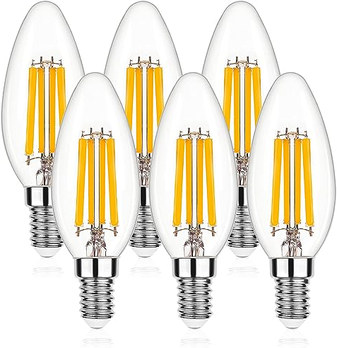 Genixgreen LED Glühbirne Dimmbar E14 LED Lampe 6.5W 806 Lumen Classic Glühfaden Kerzenlampe 2700K Warmweiß Vintage Glühbirne LED Leuchtmittel Äquivalent 65W, 6er Pack