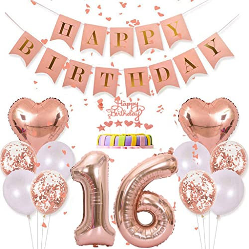 Conruich Deko 16. Geburtstag Frau, Rosegold Tortendeko Geburtstag 16 Jahre Mann, Geburtstagsdeko 16 Jahre, Rosegold Ballon 16 Geburtstags Mädchen, Happy Birthday Banner Deko 16 Geburtstags Frauen