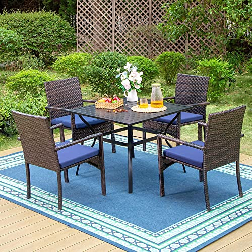PHIVILLA 5 Stück Patio Esstisch Set für 4, 94cm Quadratischer Metalltisch für den Außenbereich mit Schirmloch & 4 Rattangeflechtstühle mit Kissen für Terrasse, Hof, Veranda