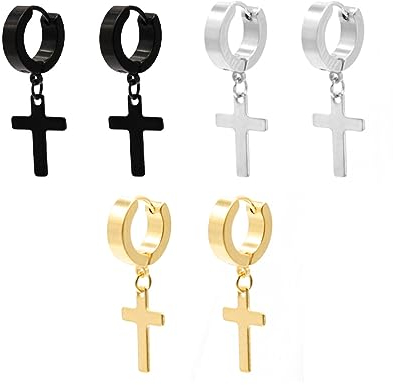 Titan Edelstahl Creolen Set - 6 Paare Ohrringe für Herren und Damen in Silber, Schwarz, Gold - Klein, Hängend, Kreuz Design