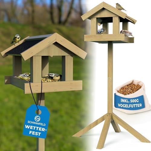 SCHWANFELD Vogelhaus mit Ständer wetterfest [FÜR ALLE VOGELARTEN] - inkl. 500g Vogelfutter - Vogelfutterhaus & langlebig - sicheres Futterhaus für Vögel 1, 2m hoch (kippsicher), Natur