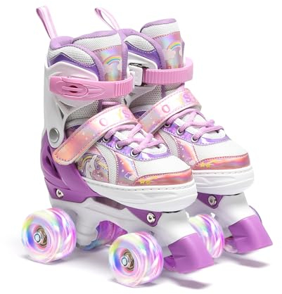 OLYSPM Rollschuhe Mädchen,Rollschuhe Kinder,4 Größen Einstellbare Rollschuh mit 8 Blinkenden Rädern für Jungen,Mädchen,Anfänger(Violett)