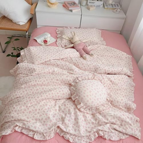 BuLuTu Girls Baby Duvet Cover Pink Flower Duvet Covers Muslin Cotton Toddler Kids Duvet Cover Quilted Protector, 47x59, Galsang Print (No Filling)