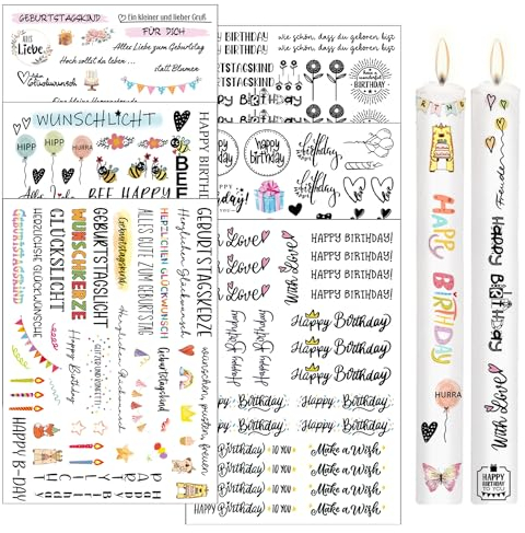 LYNBLY Geburtstag Kerzenfolie, 6 Stück Wasserschiebefolie Kerzen, Kerzen Tattoo Happy Birthday, Kerzensprüche, Kerzen Dekorieren, Kerzenaufkleber für Kerze Tasse DIY Geschenk, 1