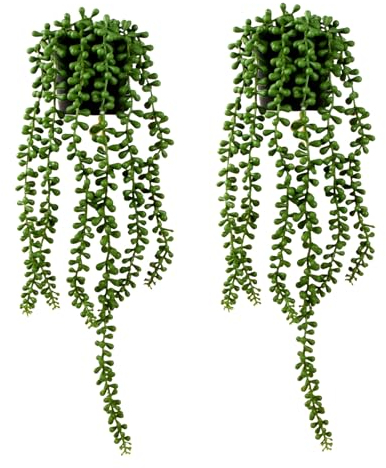 Pianta Sospesa Grasse Artificiale, 2Pezzi Piante Artificiali in Vaso, Piante Pendenti Finte Cadenti, Piante Artificiali da Appendere, Artificiali Piante Appese Finto Filo di Perle per Mensole Interne