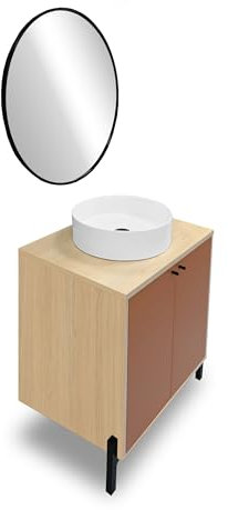 Demeyere Meuble Vasque avec Miroir Lumineux Salle De Bain, Lavabo Céramique Et 2 Portes & 1 Etagère en Bois - Coloris Terracotta & Chêne Vincenza – 69,2 x 78,2 x 49,8 cm