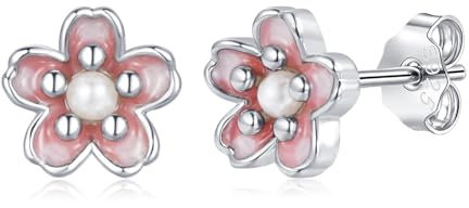 Bewenda Silber Blumen Ohrstecker für Damen Mädchen, 925 Sterling Silber Kirschblüte Ohrstecker, Hypoallergen Ohrringe Silber 925 Stecker Klein 7mm, Zierliche Blumenohrringe mit Perle mit Geschenkbox