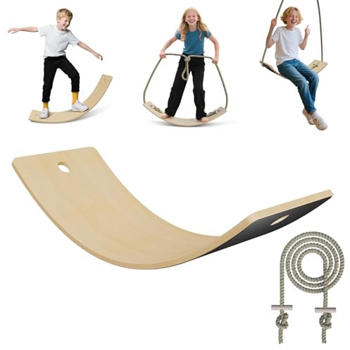 Froadp Balance Board aus Holz mit Extra Langem 3 m Seil | Wackelbrett für Kinder ab 3 Jahren & Erwachsene | Holzspielzeug bis 100kg | 82x30x19cm Balancierbrett mit Rutschfesten EVA-Matten | Schwarz