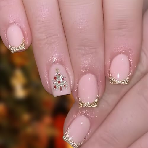 Falsche Nägel 24Stück Goldene Weihnachtsbaum-Kunstnägel zum Aufkleben | Französische Spitzen mit Glitzer-Nail-Art | Festliches Set mit künstlichen Nägeln | Weihnachtsstrumpffüllung Geschenk für Frauen