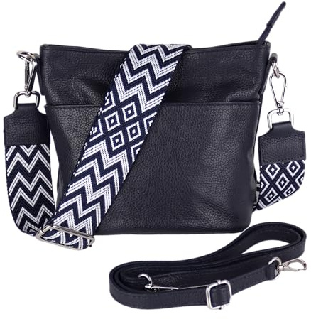 MIRROSI Damen Umhängetasche, Crossbody Bag, Echtleder I Made in Italy (1 Tasche 1 oder 2 Gurt(e)), 24x18x12cm (BXHXT) Mittelgroß (Upgrade Version (mit 2 Gurte): Navy Boho)