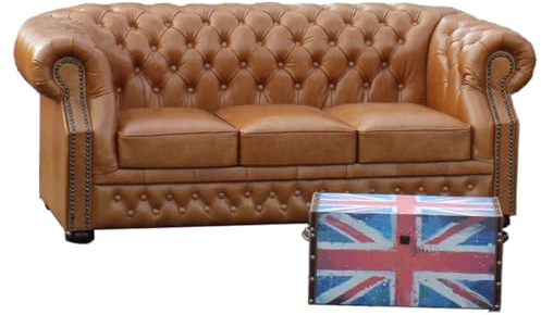 Casa Padrino Luxus Echtleder 3er Sofa Hellbraun 210 x 90 x H. 80 cm - Chesterfield Sofa