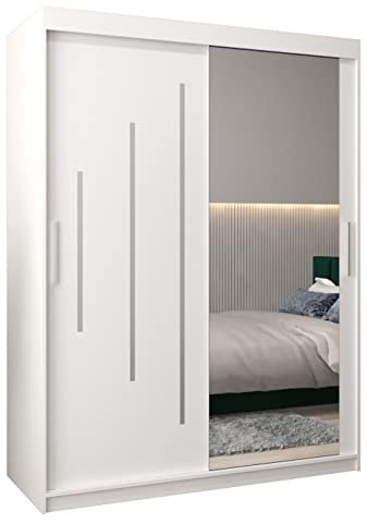 MEBLE KRYSPOL Kleiderschrank mit Spiegel York 2 - Garderobenschrank - Schrank Schlafzimmer - Mehrzweckschrank Zwei Schiebetüren - Regalen - Flur Möbel - Kleiderstange Schrank - Allzweckschrank