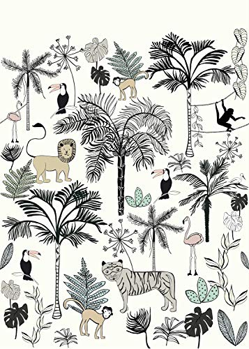 Rasch Onszelf Stories 842173 Papier peint photo non tissé Motif palmiers, feuilles et animaux en blanc, beige et noir, 2,80 x 2,00 m (L x l)