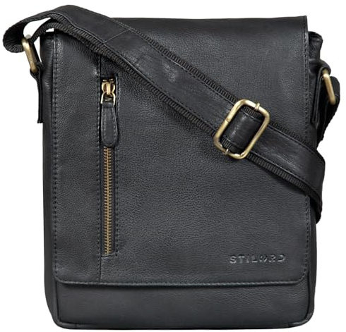 STILORD 'Easton' Kleine Messenger Bag Leder Schwarz Vintage Umhängetasche im Hochformat 10,1 Zoll Tablet Tasche für iPad DIN A5 Schultertasche Echtleder