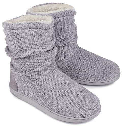 LongBay Damen Stiefel Hausschuhe Winter Chenille Strickwarme mit Memory Foam Weiches Fleece Booties