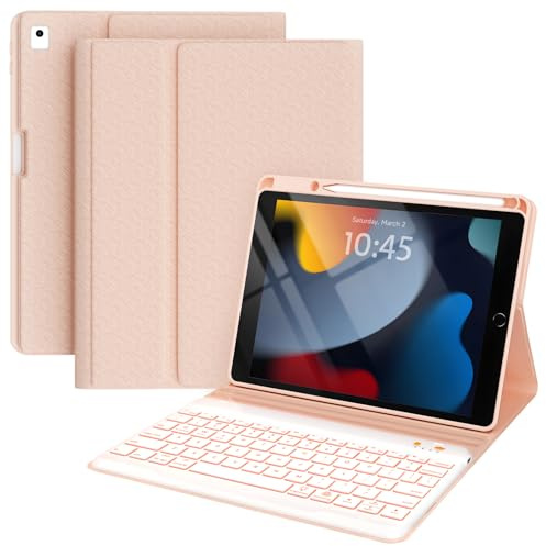 Keyboard and Case for iPad 7th/8th/9th Generation 10.2-inch 2018/2020/2021, iPad Air 3 2019, 2017 iPad Pro 10.5-inch Case with Pencil Holder, Detachable Wireless BT Keyboard, Tablet Smart Cover(Pink)