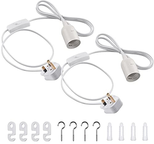 DiCUNO E27 Lampholder, Pendant Light Ceiling Lighting Fitting, Suspended Pendant Light Fitting Kit, White, 2M, 2Packs