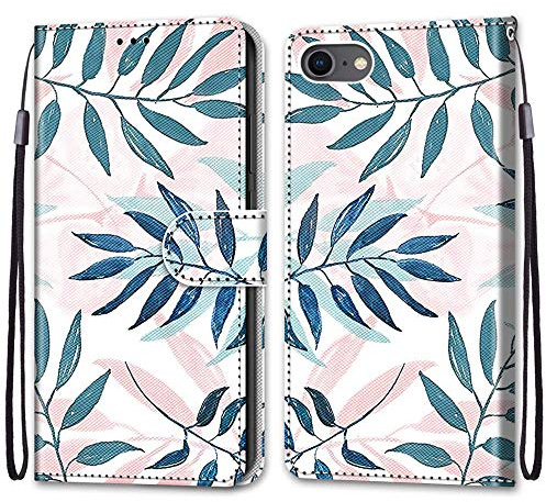 Mo-Somnus Compatible with iPhone SE 2020/iPhone 8/7 Case (4.7 Inch), PU Leather Flip Wallet Phone Cases Cover with Viewing Stand & 3 Card Holder, TPU Shockproof Magnetic Folio Cover (Leaves)