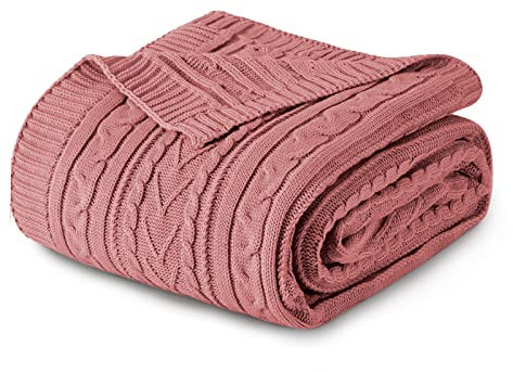 Aormenzy Dusty Pink Cable Knit Throw Blanket Queen Size for Bed Couch Sofa, Super Soft Cozy Knitted Blanket 90 x 90 Bed Blankets Full Size