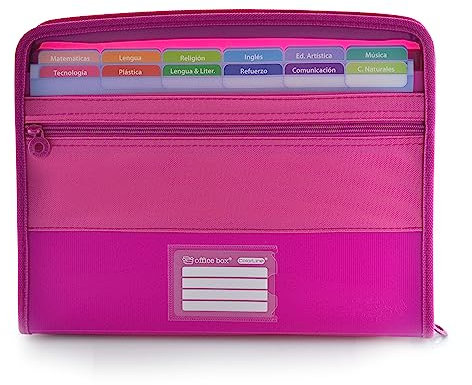 Sichtbuch mit 12 Unterteilungen und Fronttasche zur Aufbewahrung Ihrer Utensilien + 80 Aufkleber, Reißverschluss, verstärkte Seiten – von Office Box (Fuchsia)