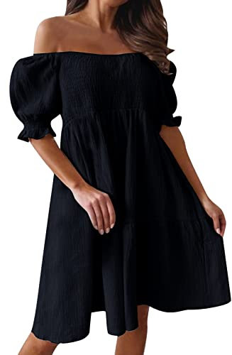 luohaibell Damenkleid, Minikleid, Plissee-Kleid, kurzärmlig, A-Line, lässig, sexy, Party, Strandrock für Frauen, Schwarz , Large