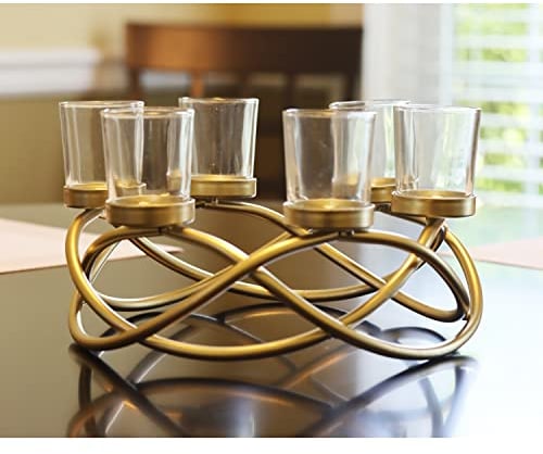 Seraphic Iron Round Table Decor Centerpiece Decorations Candle Holder for Weddings, Patio, Kitchen, Dining Room, and Coffee Tables, Glass Votive Tealight Holders, Gold, 6 Clear Cups