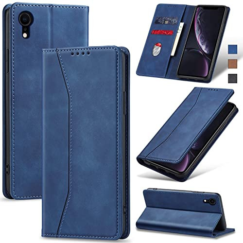 Jasonyu Cover per iPhone XR Flip Custodia in Pelle PU, Cover a Libro Portafoglio, Funzione Supporto, Magnetica, Slot Schede, TPU Bumper Caso Custodia per iPhone XR (Blu)