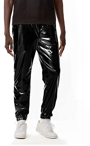 LucMatton Herren-Jogginghose, metallisch, glänzend, Disco-Party, elastische Hose, Schwarz , 36-41
